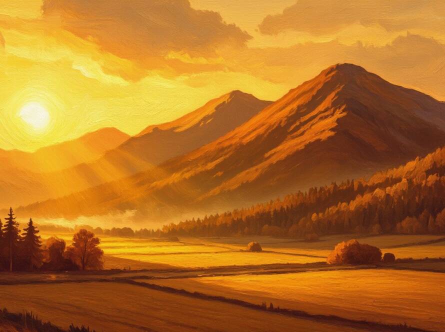 Painted mountain peaks rising at dawn above quiet farmland, a picture of drawing near to God