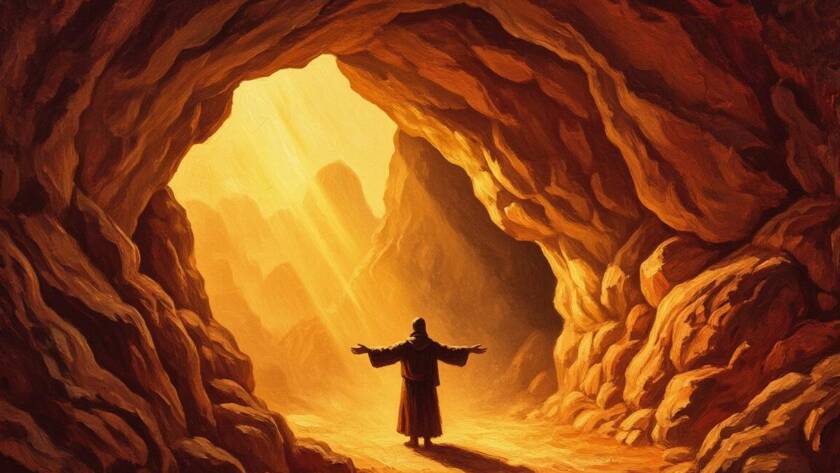 Painted illustration of a quiet mountain cave entrance glowing with soft light, for the drawing near to God sermon