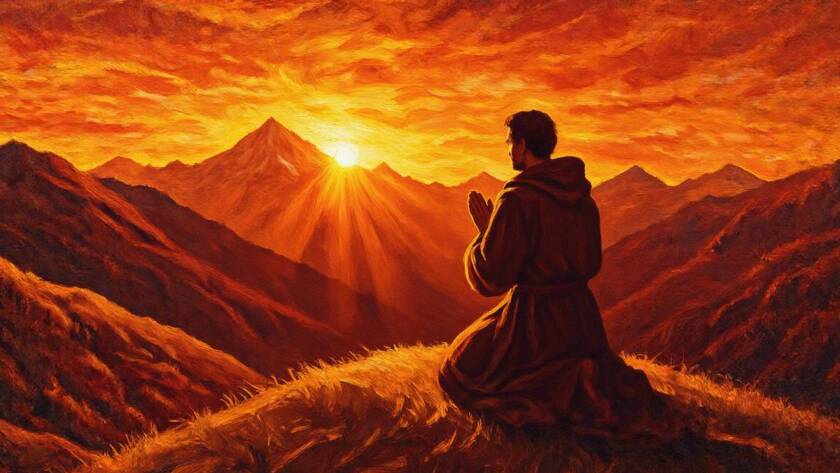 Painted illustration of a lone figure kneeling on a quiet hillside at dawn, drawing near to God in prayer
