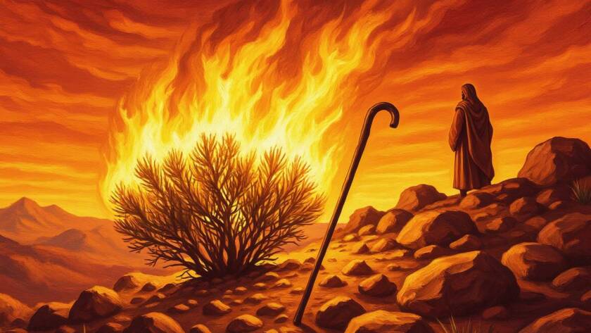 Painted illustration of a burning bush glowing on a desert mountainside for the drawing near to God sermon