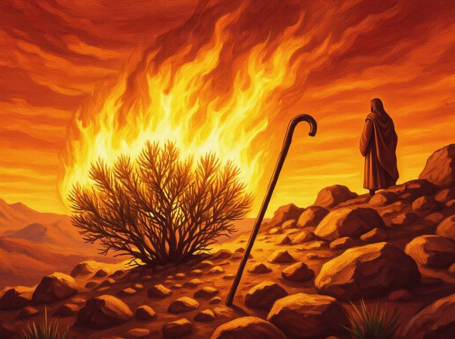 Painted illustration of a burning bush glowing on a desert mountainside for the drawing near to God sermon