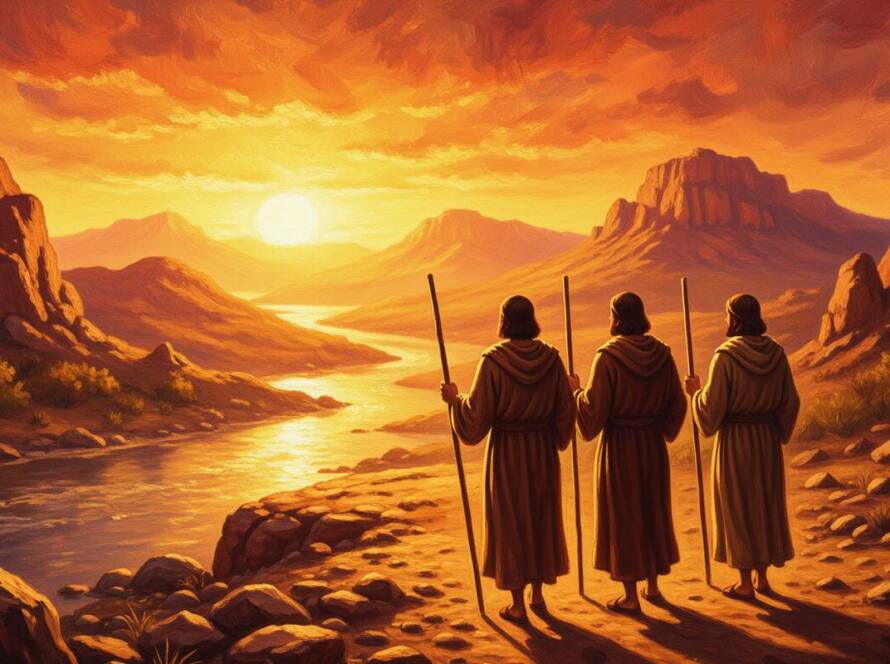 Painted illustration of travelers leaving the wilderness, entering the promised land at golden dawn