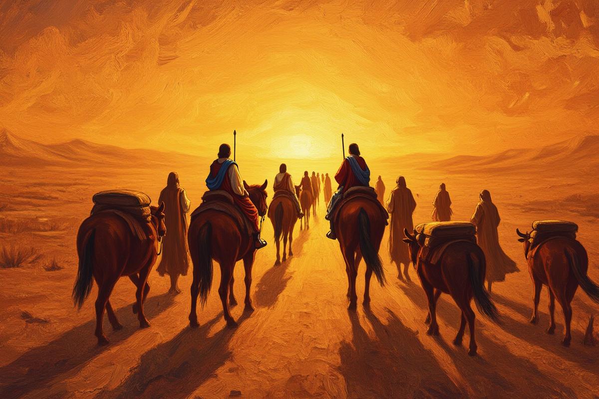 Painted illustration of a long line of travelers leaving ancient Egypt toward a golden horizon