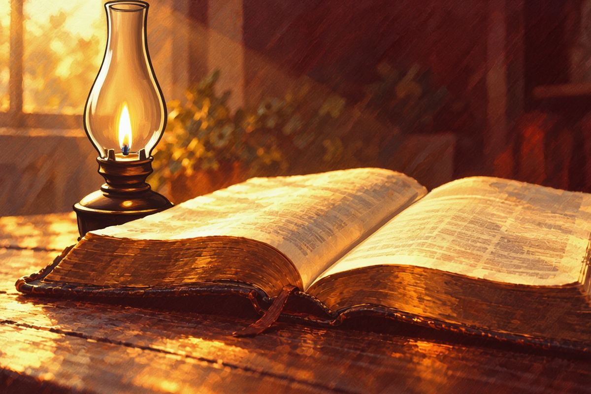 Painted illustration of an open Bible beside a glowing lamp with a warm sunrise beyond the window