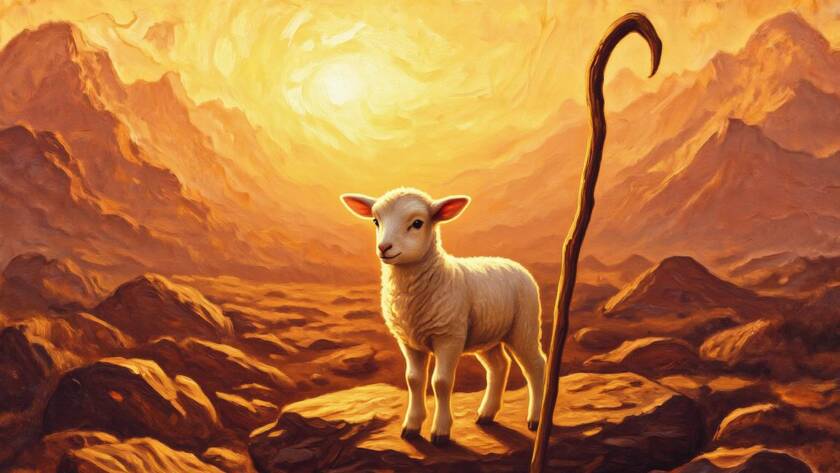 Painted illustration of a lost lamb found in the wilderness at dawn for the Joan Pearce message