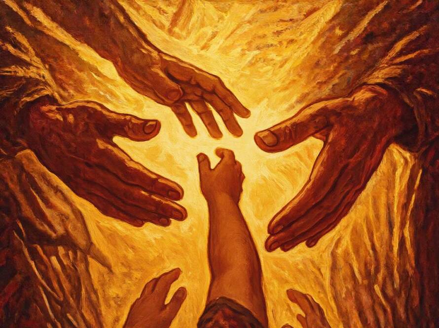 Painted illustration of a father's open hands reaching toward a child for the fatherhood of God sermon