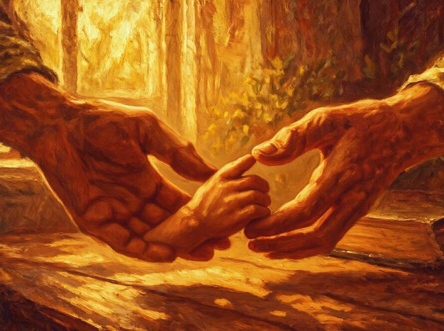 Painted illustration of a father's open hands reaching toward a small child for the fatherhood of God sermon