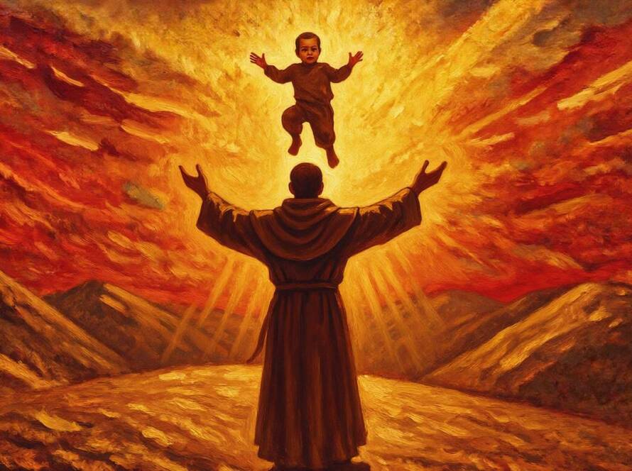 Painted illustration of a father lifting a small child toward warm light for the fatherhood of God sermon