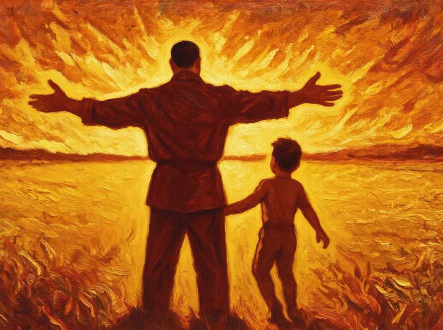 Painted illustration of a father's open arms welcoming a child home, for the fatherhood of God sermon