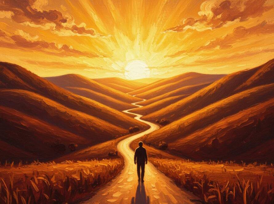Painted path rising from a valley toward light for faith to faith strength to strength and glory to glory