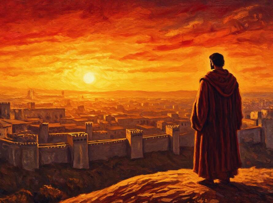 Painted illustration of a man on a hill gazing at a distant city at dawn for give me your eyes so I can see
