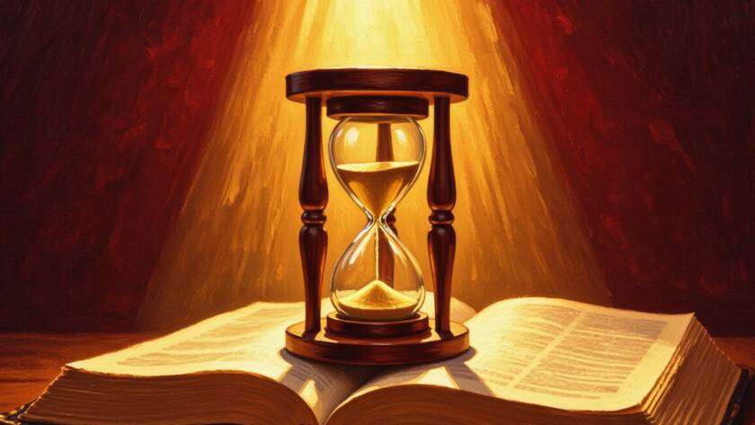 Painted illustration of an hourglass on an open Bible in golden light for the Gods timing sermon