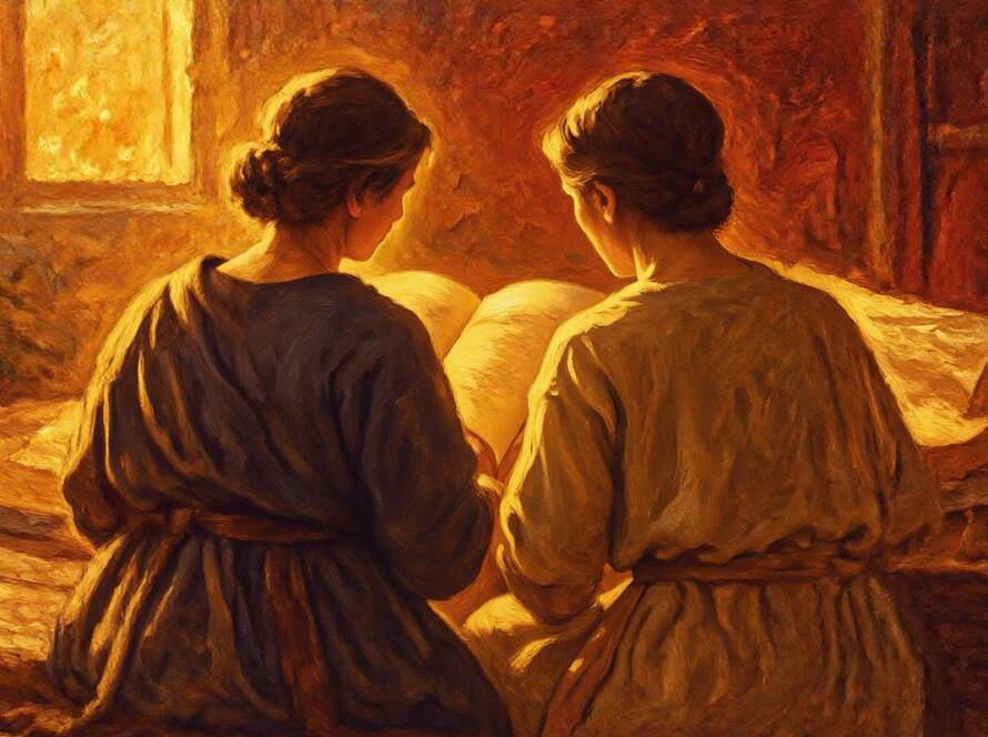 Painted illustration of an older woman and a younger woman reading Scripture together, God's way for women