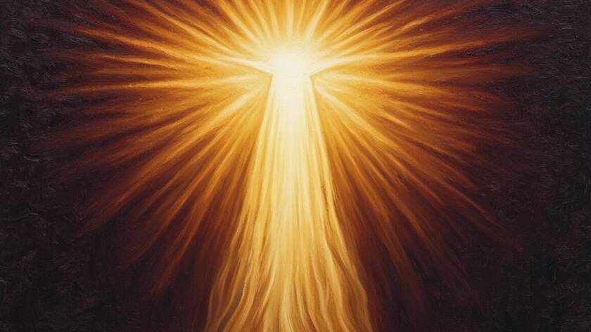 Painted illustration of a narrow tunnel of golden light rising out of darkness from Ian McCormack's testimony