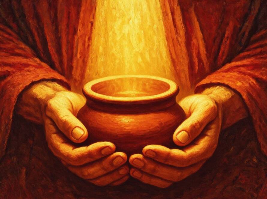 Painted illustration of light pouring into an open heart-shaped clay vessel, a hands on experience of love