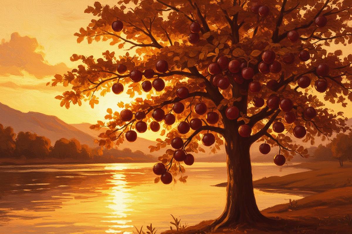Painted illustration of a leafy tree bearing fruit beside a calm river at golden hour