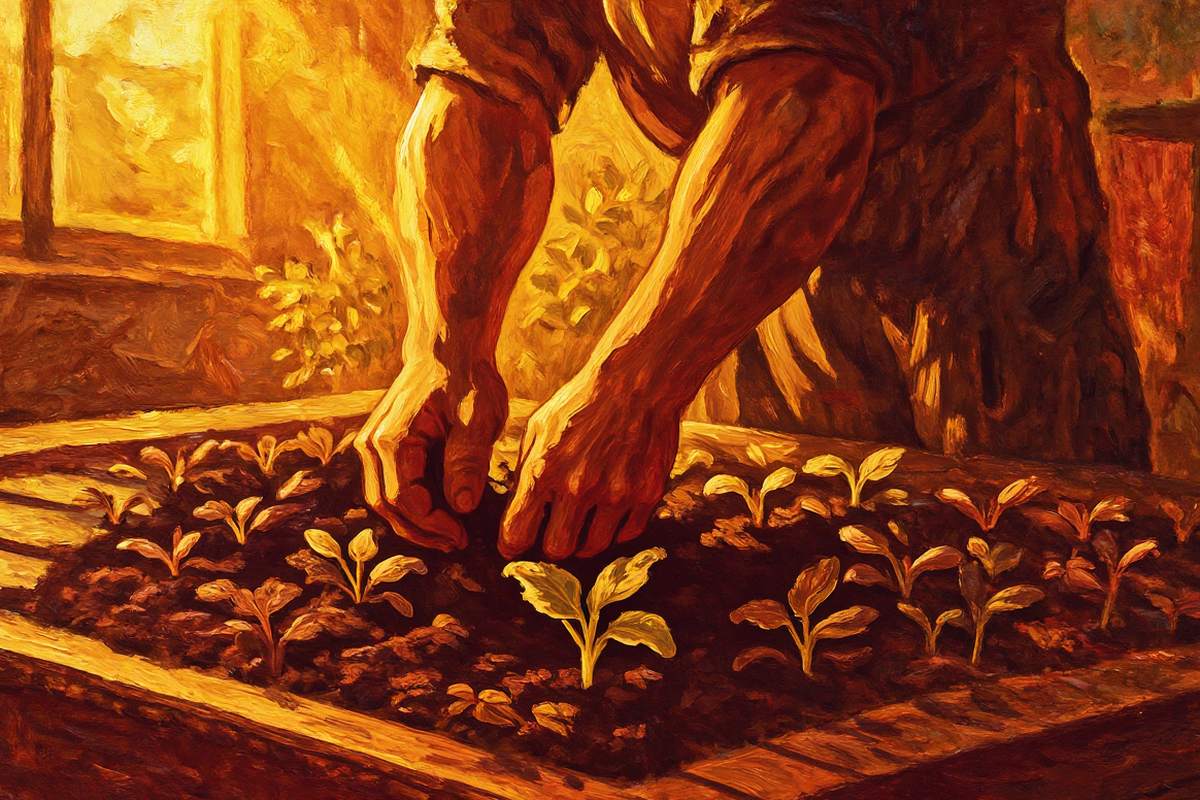 Painted illustration of hands pulling weeds from rich garden soil beside young green sprouts