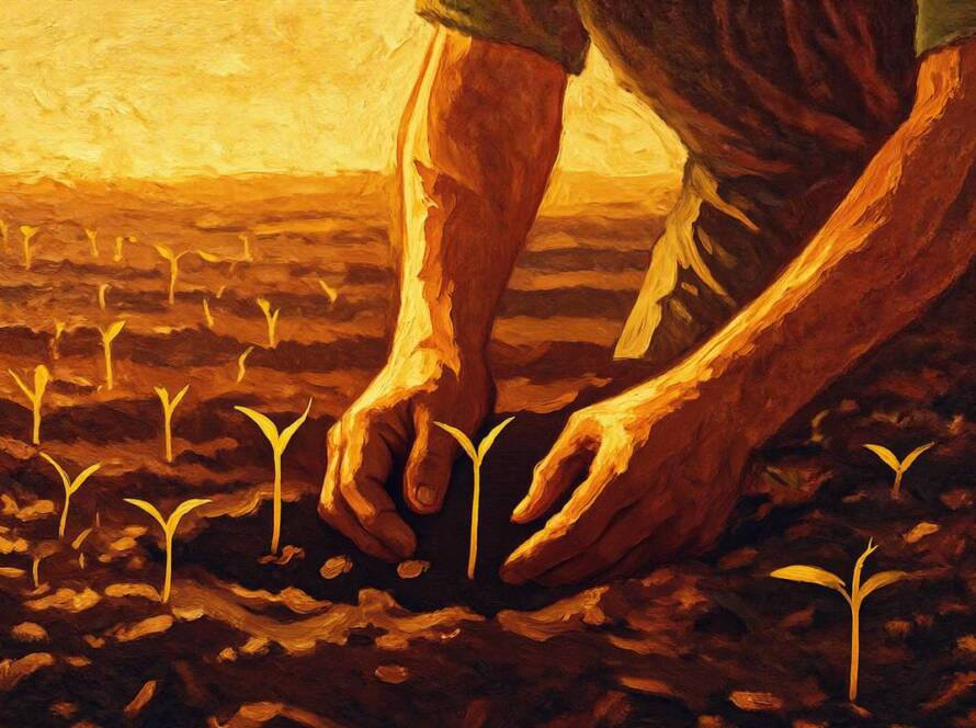 Painted illustration of a gardener kneeling to plant seeds in warm soil at dawn, a prayer to help God bring change