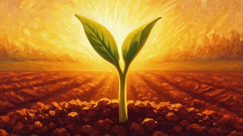 Painted illustration of a green sprout breaking through rich red soil for the Help God I Want Change sermon