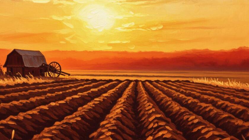 Painted illustration of a quiet field at sunset with a resting plow for the Help God I Want to Change sermon