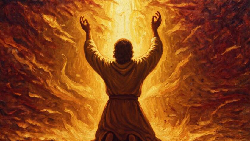 Painted illustration of a believer praying with lifted hands under golden light for the Holy Spirit and power sermon