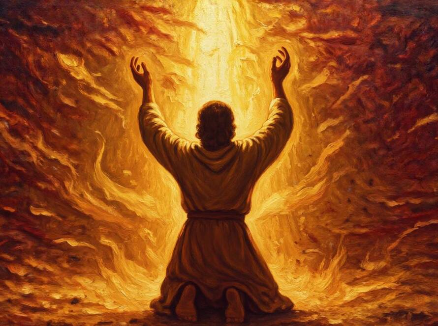 Painted illustration of a believer praying with lifted hands under golden light for the Holy Spirit and power sermon