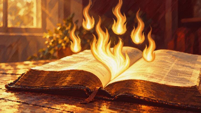Painted illustration of tongues of fire resting above an open Bible for the Holy Spirit and power sermon