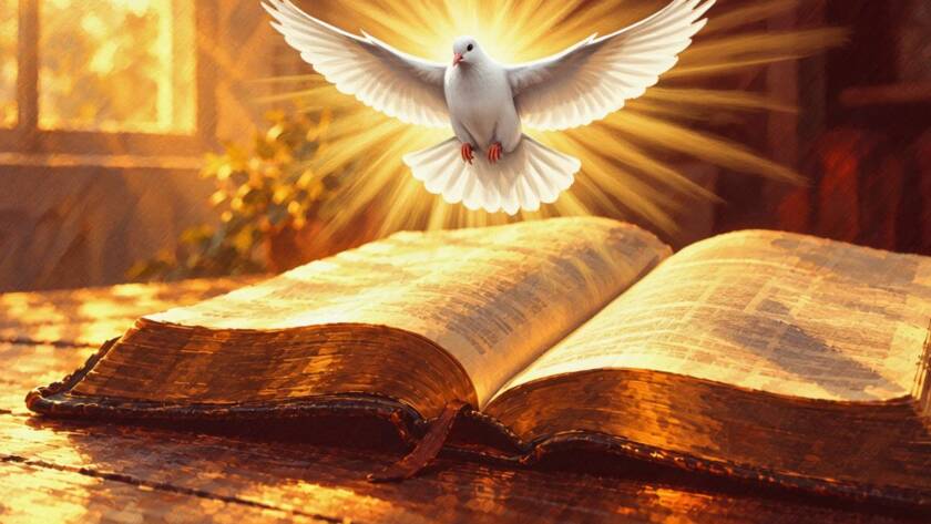 Painted illustration of a white dove descending in golden light for the holy spirit and power sermon