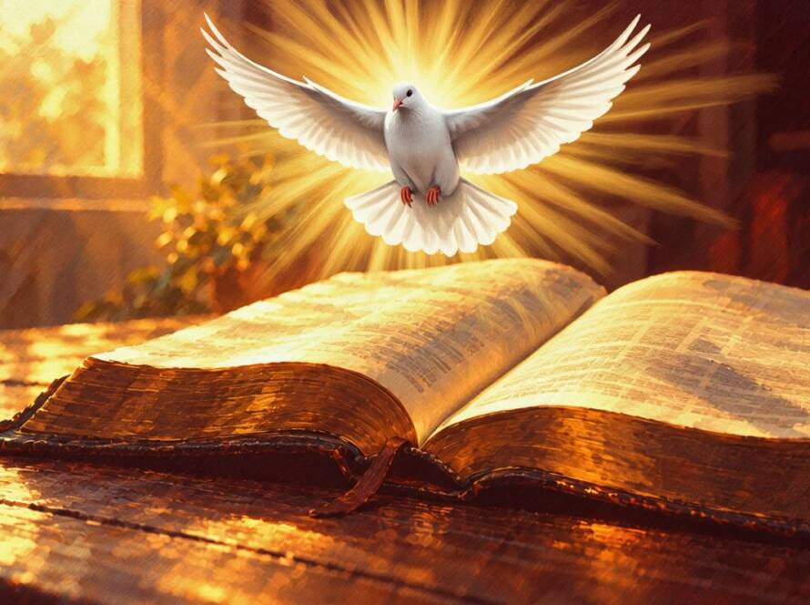 Painted illustration of a white dove descending in golden light for the holy spirit and power sermon