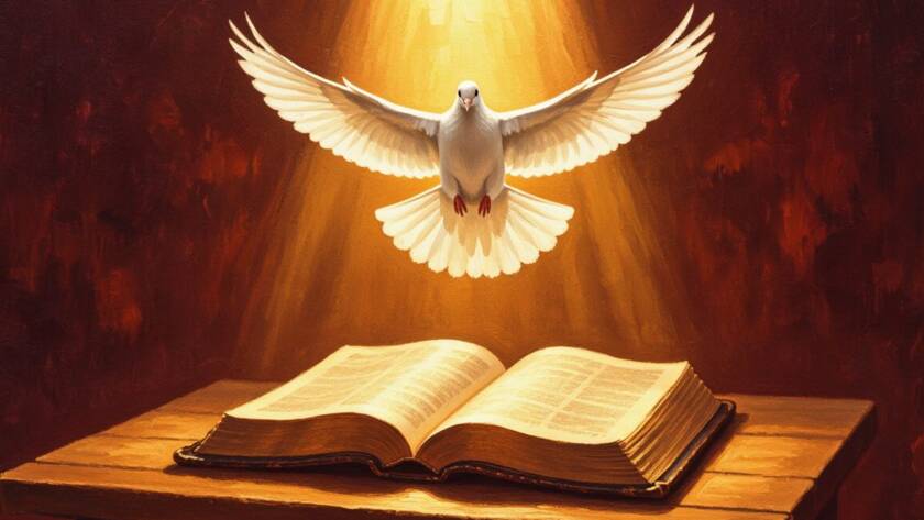 Painted illustration of a dove descending in golden light over an open Bible for the Holy Spirit and power sermon