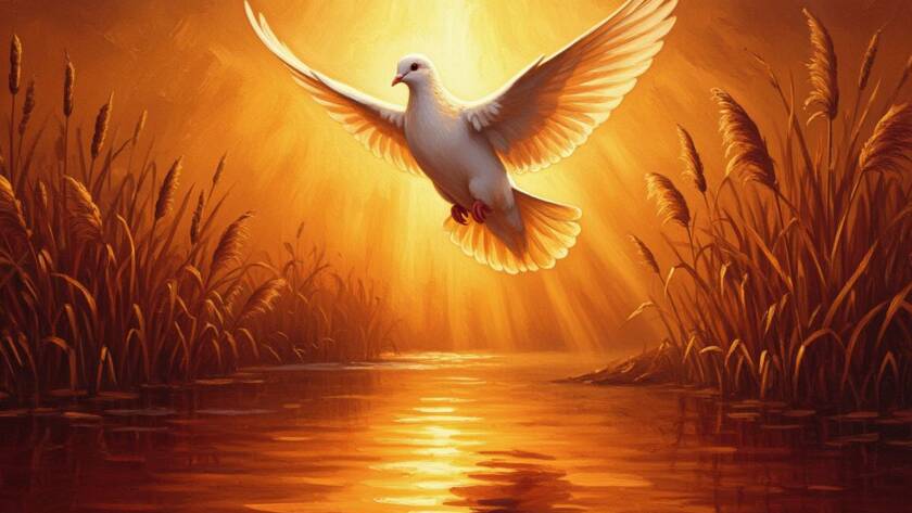 Painted illustration of a white dove descending over the Jordan River for the Holy Spirit and power sermon