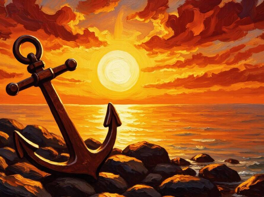 Painted illustration of an anchor and a sunrise over calm water for the hope and faith sermon