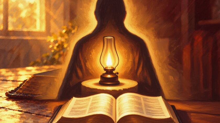 Painted illustration of a glowing lamp inside a quiet heart-shaped light for how to be led by the spirit of god