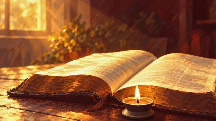 Painted illustration of an open Bible beside a glowing lamp for how to be led by the Spirit of God