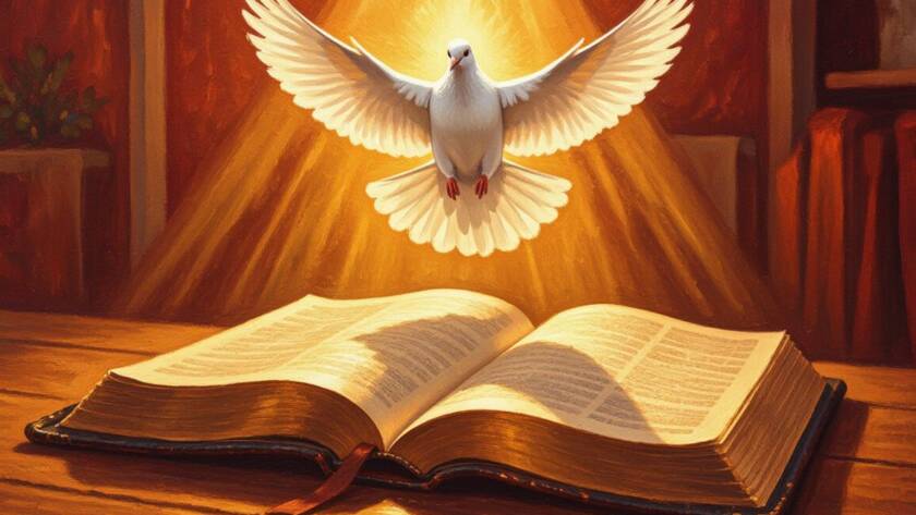 Painted illustration of a glowing dove above an open Bible for how to be led by the Spirit of God