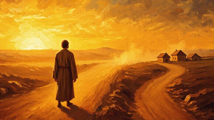 Painted illustration of a traveler pausing at a fork in a road under soft light, how to be led by the spirit of god