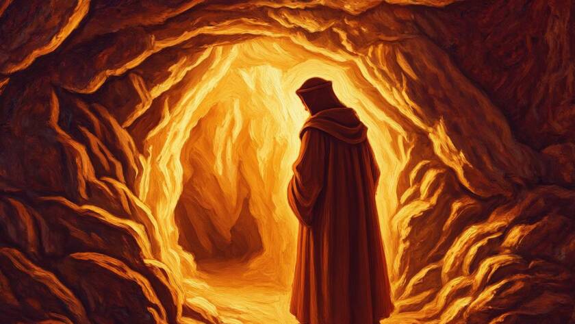Painted illustration of a quiet figure at a cave mouth listening, for how to be led by the Spirit of God