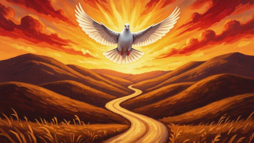 Painted illustration of a dove above a winding path, for how to be led by the Spirit of God