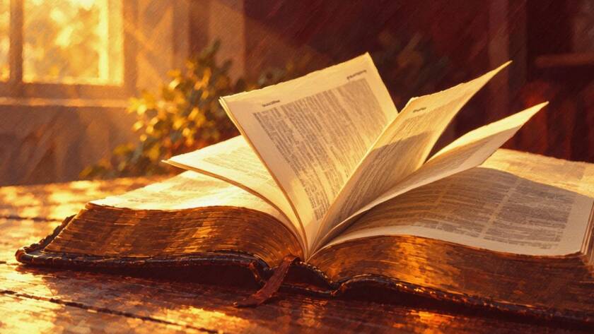 Painted illustration of a gentle wind over an open Bible for how to be led by the spirit of god