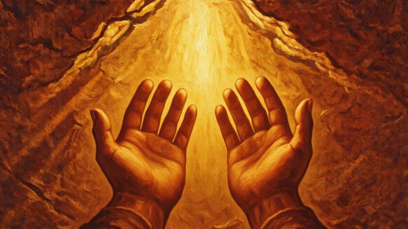 Painted illustration of open hands receiving warm golden light from heaven, a picture of I am blessed