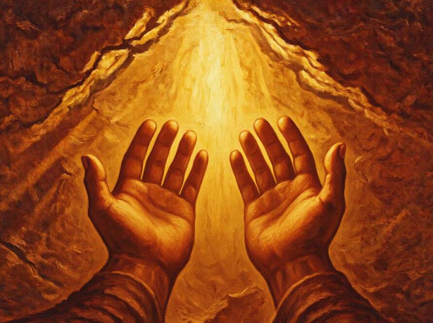 Painted illustration of open hands receiving warm golden light from heaven, a picture of I am blessed