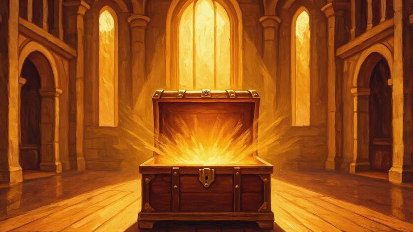 Open chest of golden light in a heavenly hall for Blessed With Heavens Best Prt5 the Fullness of God's Creation