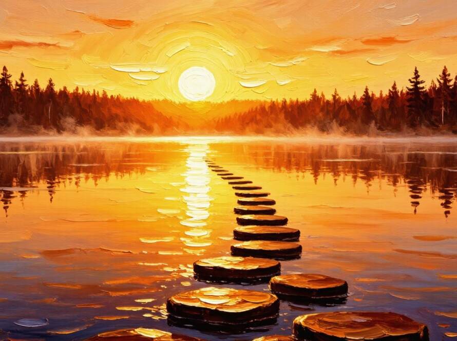 Painted illustration of a path of stepping stones across water toward golden light for walk by faith and not by sight