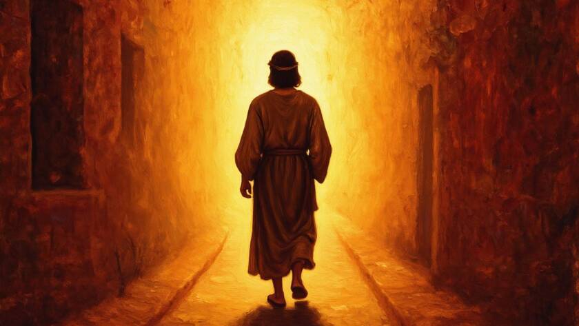 Painted illustration of a lone traveler on a path into golden light, a picture of how to walk by faith not by sight