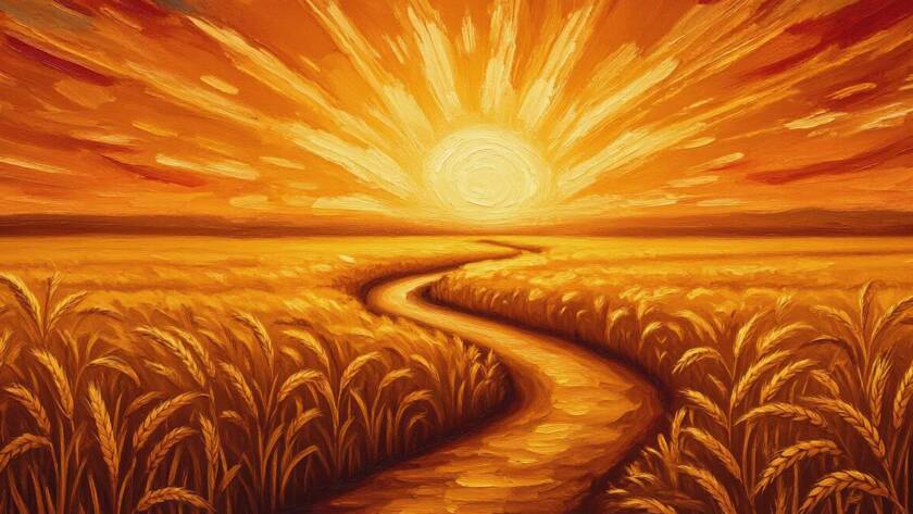 Painted illustration of a path through a sunlit field toward a gentle light, walk by faith not by sight