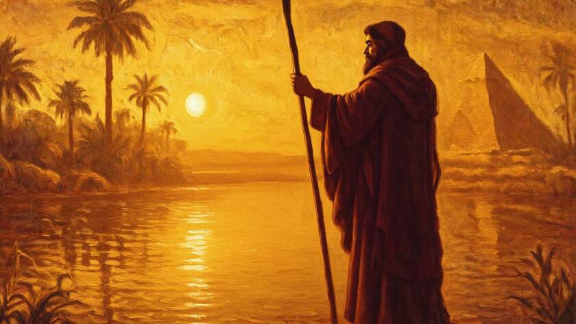 Painted shepherd's rod raised over the Nile at dawn for the rise up Pastor Cheryl Dixon Colburn sermon