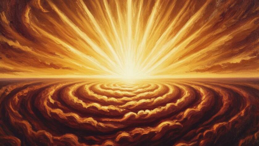 Painted illustration of a radiant light breaking into darkness at creation, symbolizing Jesus as the eternal Word