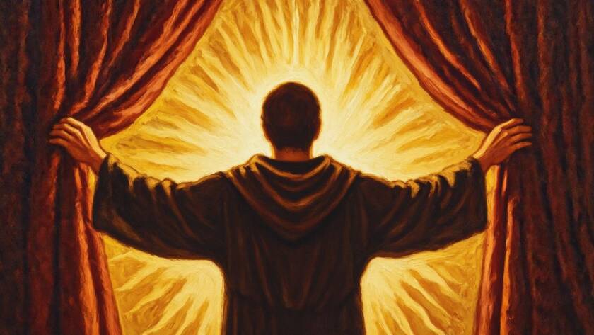 Painted illustration of a radiant figure of light opening a veil to reveal the Father's glory, as Jesus declares Him