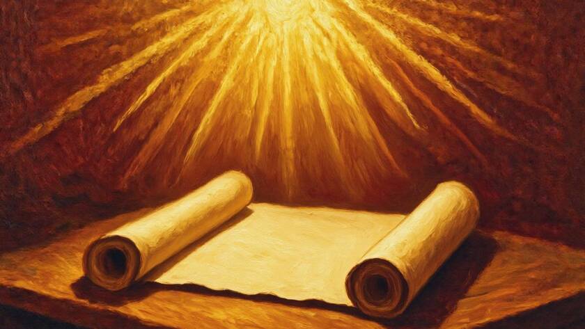 Painted illustration of the light of life, a warm golden glow shining into deep darkness above an open scroll
