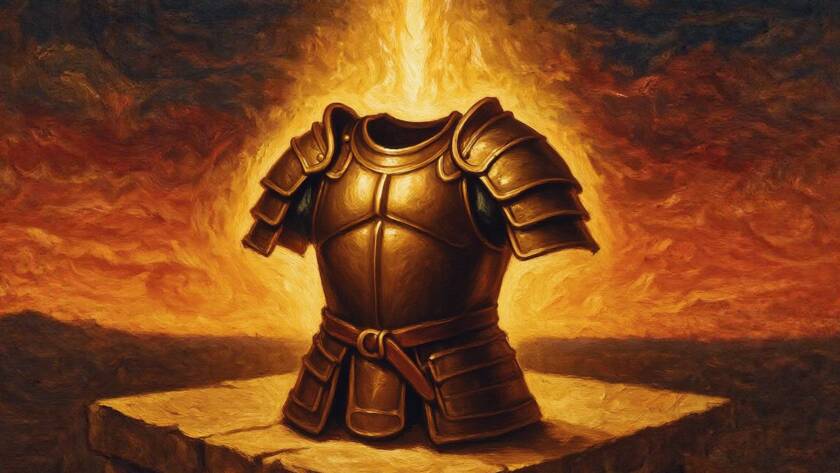 Painted illustration for Light of Life Part 2: glowing armor of light resting at dawn as night gives way to day